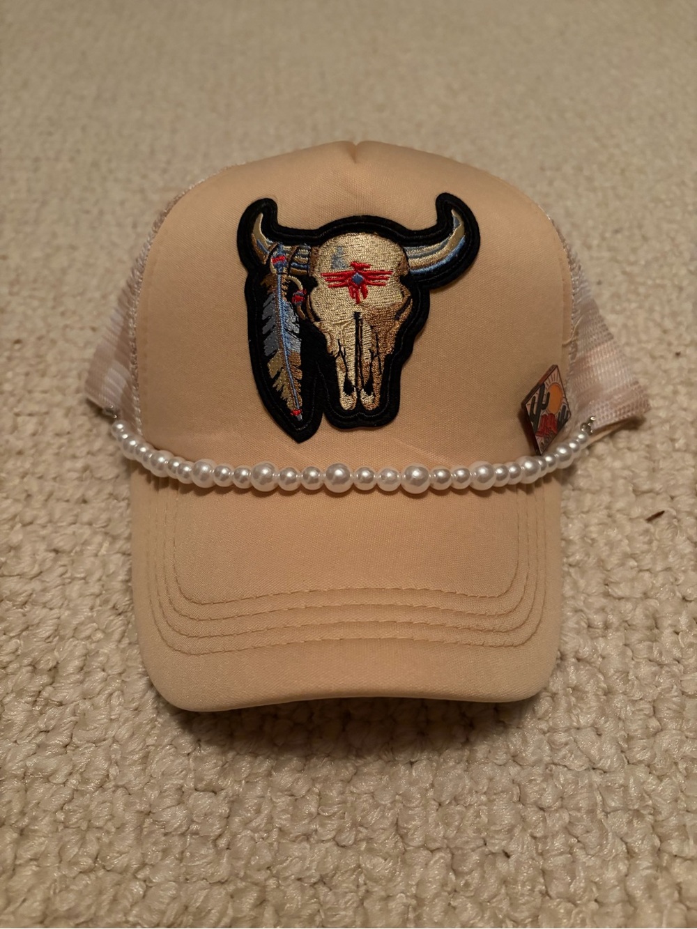 Beige Trucker Hat with Embroidered Bull Skull and Pearl Trim